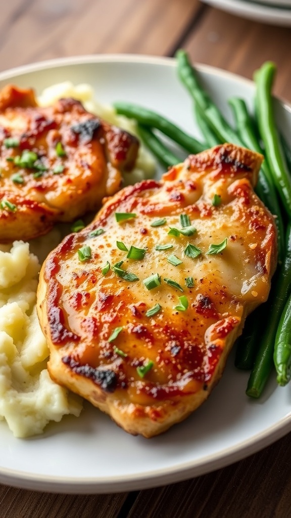 Oven Baked Pork Chops Recipe Oven baked pork chops on a plate with mashed potatoes and green beans.